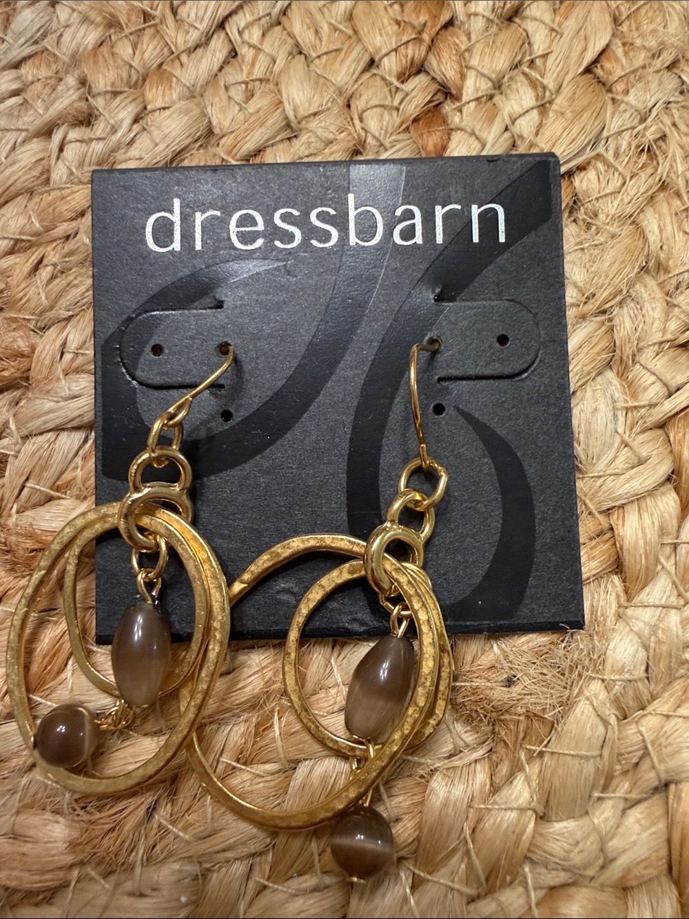 dressbarn Gold Double Hoop Drop Earrings with Brown Beads